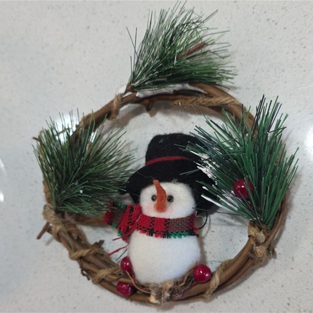 Snowman Christmas Hanging Wreath Ornament Small Plaid Multicolor Twig Fabric